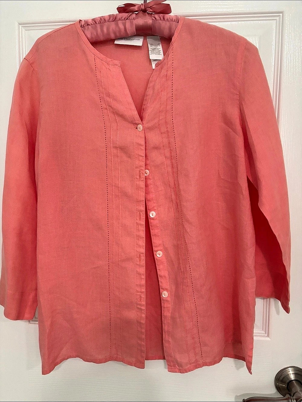 Liz Claiborne Linen Blend V-Neck Blouse in Coral Size Medium
